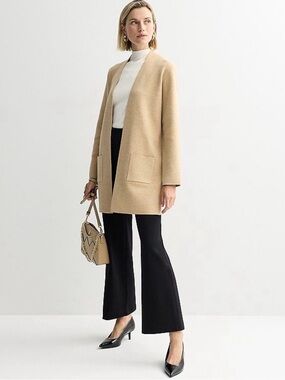 Nine West Camel Open-Front Pocket Knit Coatigan Sweater Cardigan Duster